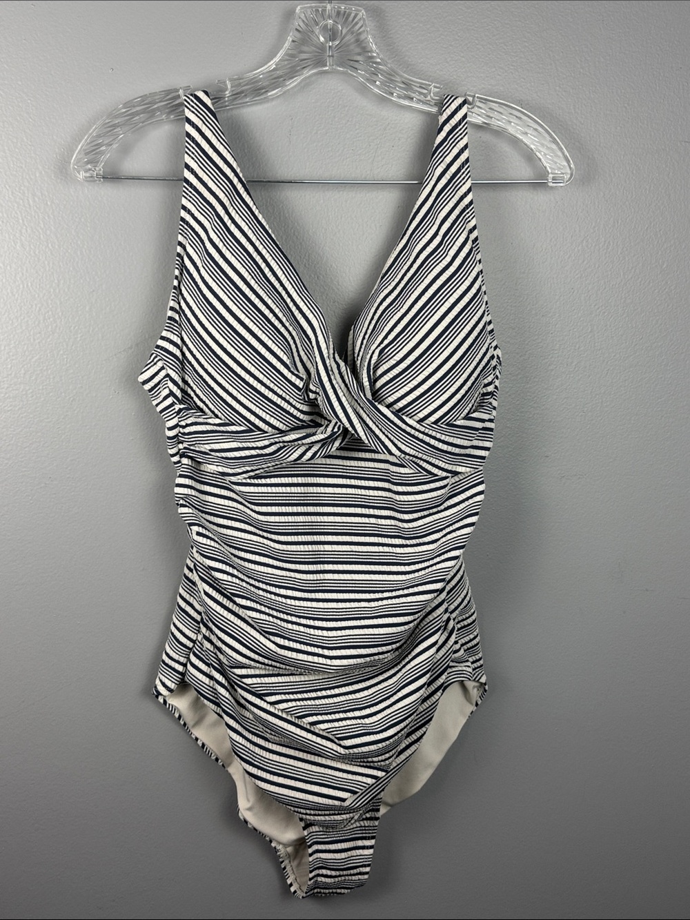 Nip Tuck Swim Blue White Striped One Piece Swimsuit Ruched Twist Front US 10